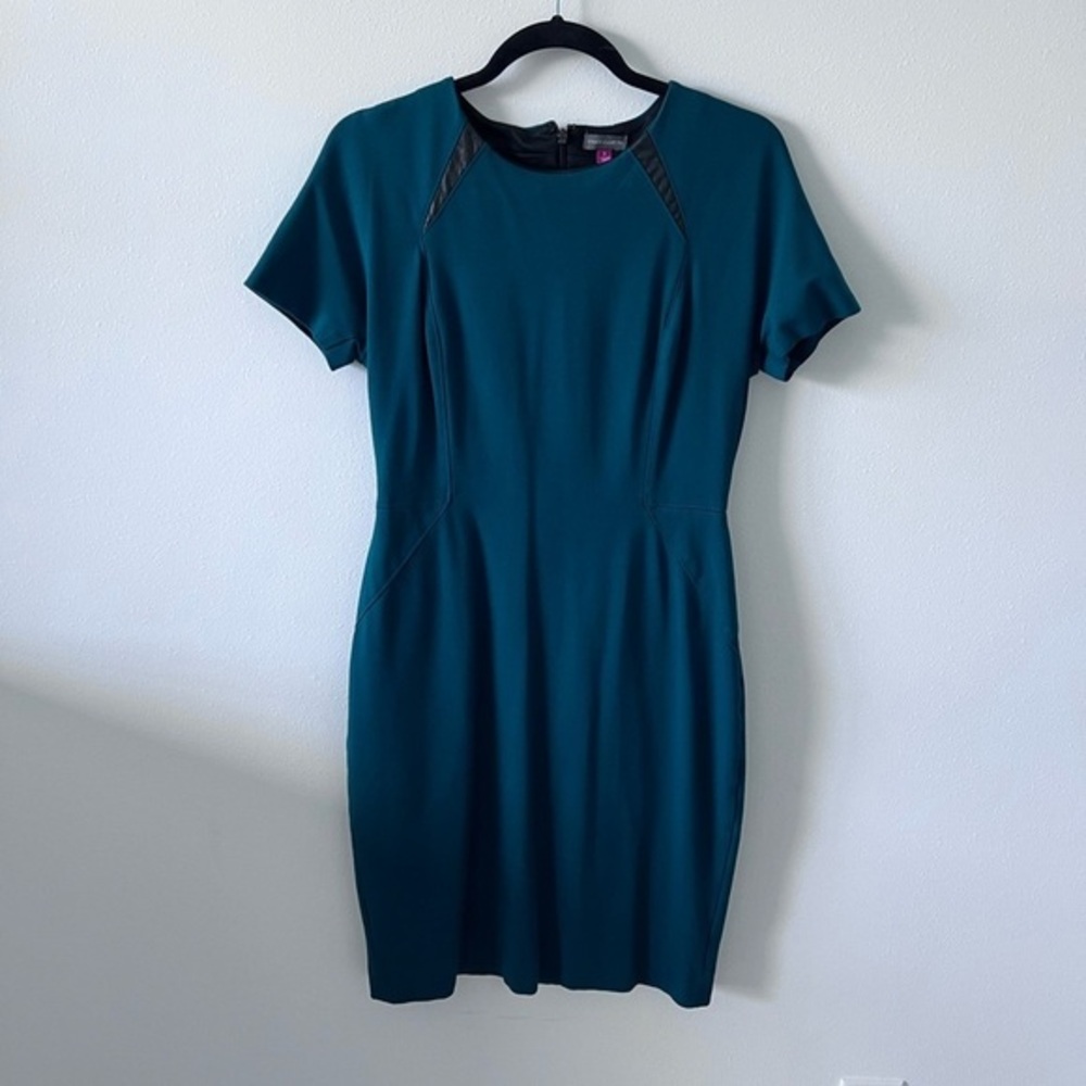Vince Camuto Emerald Green Pencil Dress with Faux Leather detail, back zipper